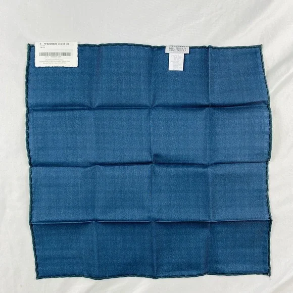 Brunello Cucinelli Blue Green Thin Check Cotton Silk Mens Pocket Squares NWT - Picture 3 of 4